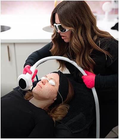 Cosmetic procedure with injectables and skincare treatment.